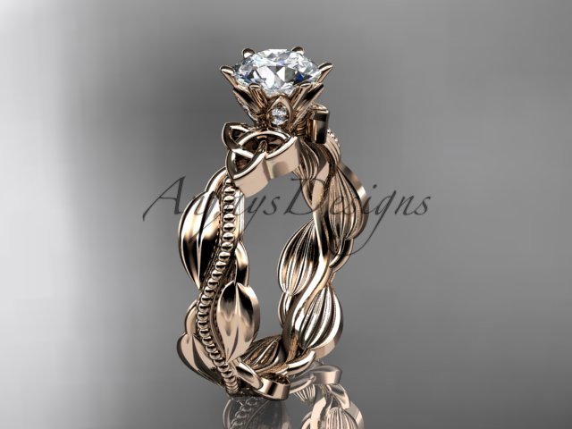 14kt rose gold diamond celtic trinity knot engagement ring with a Moissanite center stone CT7258