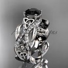 14kt white gold diamond celtic trinity knot engagement ring with a Black Diamond center stone CT7515
