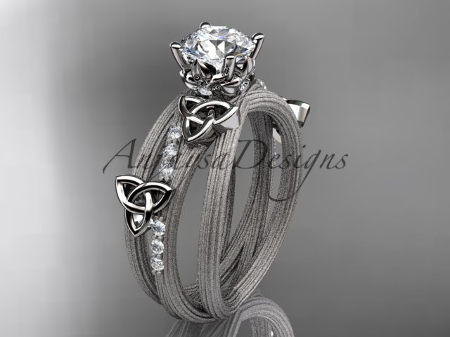 14kt white gold diamond celtic trinity knot engagement ring with a Moissanite center stone CT7329