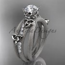 14kt white gold diamond celtic trinity knot engagement ring with a Moissanite center stone CT7329