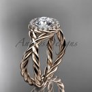 14kt rose gold diamond rope engagement ring with a Moissanite center stone RP889