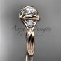 14kt rose gold twisted rope three stone engagement ring with a "Forever One" Moissanite RP8146