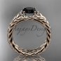 14kt rose gold halo rope diamond engagement ring Black Diamond center stone RP8380
