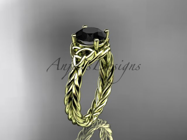 14kt yellow gold rope triquetra celtic engagement ring with a Black Diamond center stone RPCT9112