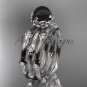 14k white gold Tahitian Black Pearl engagement ring with double matching band ABP38S