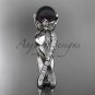 14k White Gold Tahitian Black Pearl Flower and Leaf Engagement Ring ABP70