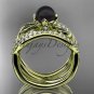14k yellow Gold Tahitian Black Pearl Engagement Ring with a Double Matching Band ABP70S