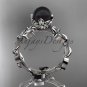 14kt White Gold Diamond leaf Floral Round Tahitian Black Cultured Pearl Engagement Ring ABP20