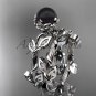 14kt White Gold Diamond Flower Round Tahitian Black Cultured Pearl Engagement Set ABP20S
