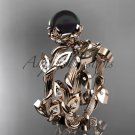 14kt rose Gold Diamond Flower Round Tahitian Black Cultured Pearl Engagement Set ABP20S