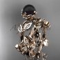 14kt rose Gold Diamond Flower Round Tahitian Black Cultured Pearl Engagement Set ABP20S