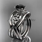 14kt white celtic engagement ring with Black Diamond center stone and double matching band CT770S