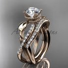 14kt rose gold diamond leaf and flower wedding set with a Moissanite center stone ADLR70S