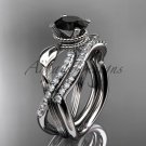 14kt white gold diamond leaf and flower wedding set with a Black Diamond center stone ADLR70S