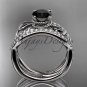 14kt white gold diamond leaf and flower wedding set with a Black Diamond center stone ADLR70S