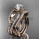 14kt rose gold flower double wedding band with a Moissanite center stone engagement ring ADLR70S
