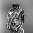 14kt white gold flower double wedding band with a Black Diamond center stone engagement ring ADLR70S
