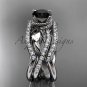 Platinum flower double wedding band with a Black Diamond center stone engagement ring ADLR70S