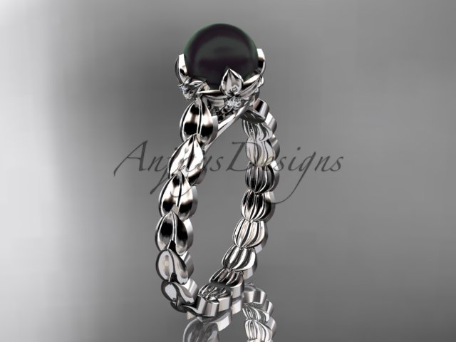 Platinum diamond leaf and floral round tahitian black cultured pearl engagement ring ABP35