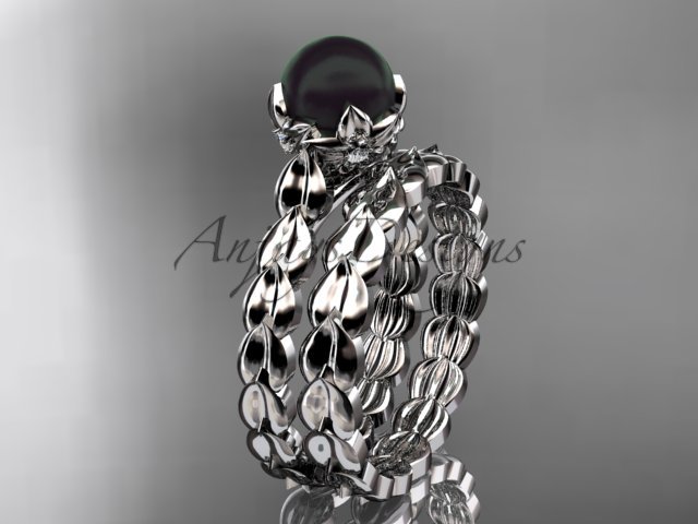 14kt white gold diamond leaf and floral round tahitian black cultured pearl wedding set ABP35S