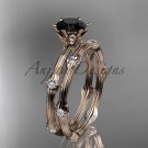 14k rose gold diamond vine wedding ring set with a Black Diamond center stone ADLR38S