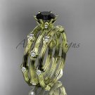 14k yellow gold diamond vine double band wedding set with a Black Diamond center stone ADLR38S