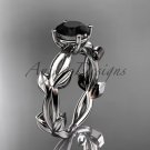 unique 14k white gold vine and leaf engagement ring with a Black Diamond center stone ADLR522