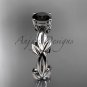 unique 14k white gold vine and leaf engagement ring with a Black Diamond center stone ADLR522