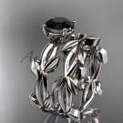 unique 14k white gold leaf and vine wedding set with a Black Diamond center stone ADLR522S