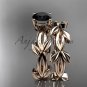 unique 14k rose gold leaf and vine wedding set with a Black Diamond center stone ADLR522S