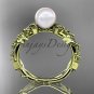 Celtic triquetra knot yellow gold diamond pearl vine and leaf bridal ring CTP759