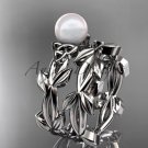 Celtic white gold pearl leaves bridal ring set CTP7522S