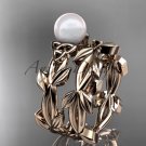 Celtic rose gold pearl leaves bridal ring set CTP7522S