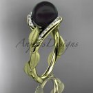 Black pearl engagement rings 14kt yellow gold diamond leaf wedding ring ABP64
