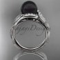 Black pearl engagement rings platinum diamond leaf wedding ring ABP64