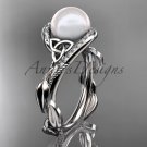 Celtic white gold ring diamond pearl leaf engagement ring CTP764