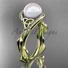 Celtic yellow gold ring diamond pearl leaf engagement ring CTP764