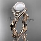 Celtic rose gold ring diamond pearl leaf engagement ring CTP764