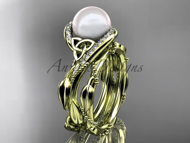 Celtic style wedding set 14kt yellow gold diamond pearl leaf ring CTP764S