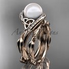Celtic style wedding set 14kt rose gold diamond pearl leaf ring CTP764S