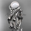 Celtic style wedding set platinum diamond pearl leaf ring CTP764S