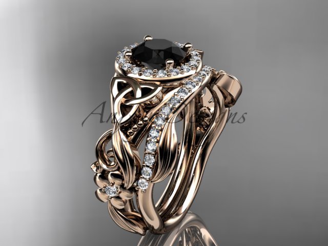 Black Diamond Celtic Wedding Ring Sets rose Gold Floral Bridal Set CT7300S