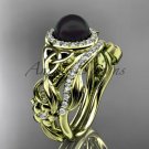 Yellow Gold Black Pearl Rings Triquetra Celtic Diamond Halo Engagement Ring Set CTBP7300S