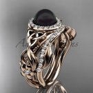 Rose Gold Black Pearl Rings Triquetra Celtic Diamond Halo Engagement Ring Set CTBP7300S
