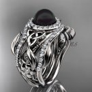 Black Pearl Double Band Halo Wedding Rings White Gold Triquetra Celtic Bridal Ring Set CTBP7300S