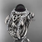 Black Pearl Double Band Halo Wedding Rings Platinum  Triquetra Celtic Bridal Ring Set CTBP7300S
