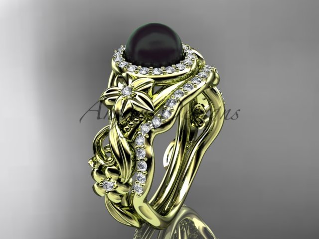 Black Pearl & Halo Diamond Engagement Rings 14kt Yellow Gold Unique Wedding Set ABP300S