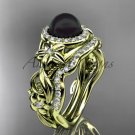 Black Pearl & Halo Diamond Engagement Rings 14kt Yellow Gold Unique Wedding Set ABP300S
