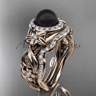 Black Pearl & Halo Diamond Engagement Rings 14kt rose Gold Unique Wedding Set ABP300S