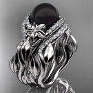 Unique White gold Black Pearl and Diamond Engagement Ring with Double Wedding Band ABP326S